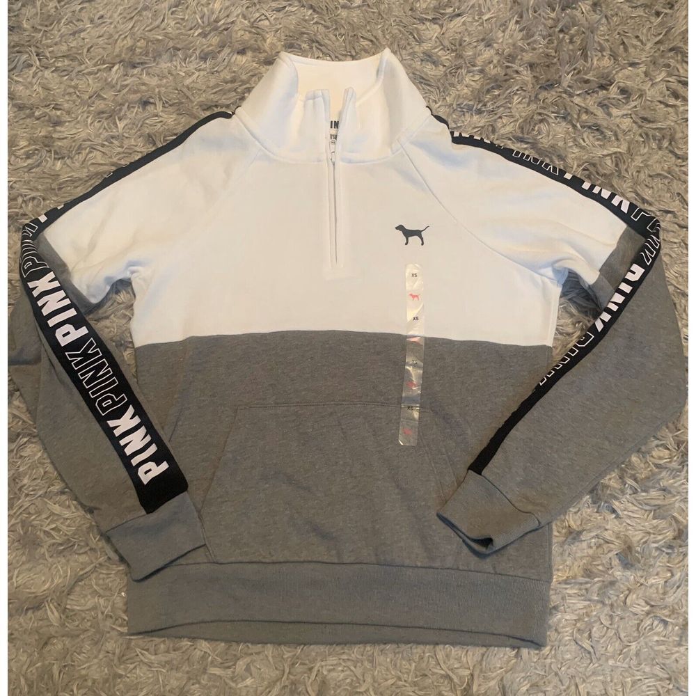 Victoria's Secret PINK 1/4 Zip Pullover Logo Gray / White Sz XS